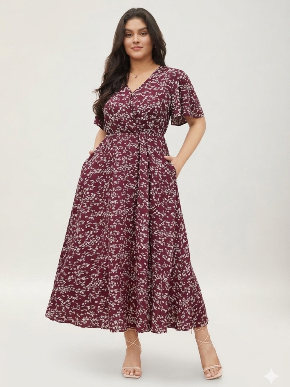 BloomChic Ditsy Floral Wrap Maxi Dress -in Burgundy size 1X (14-16)